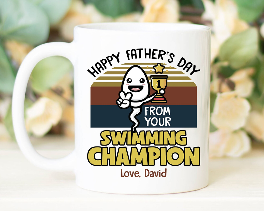 Personalized White Ceramic Mug For Dad Your Swimming Champion Funny Sperm Custom Kids Name 11 15oz Coffee Cup