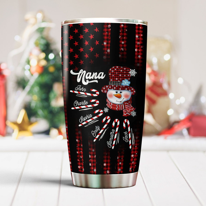 Personalized Tumbler Gifts For Grandma Nana Snowman Candy Cane Red Plaid Custom Grandkids Name Travel Cup For Christmas