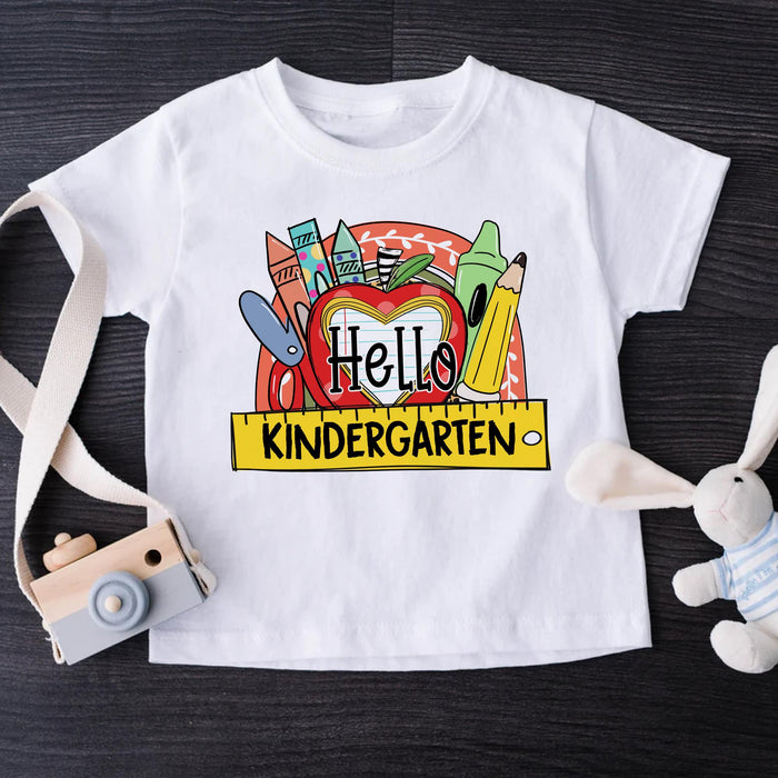 Personalized T-Shirt Gifts For Kid Hello Kindergarten Crayon Rainbow Custom Grade Shirt Back To School Outfit