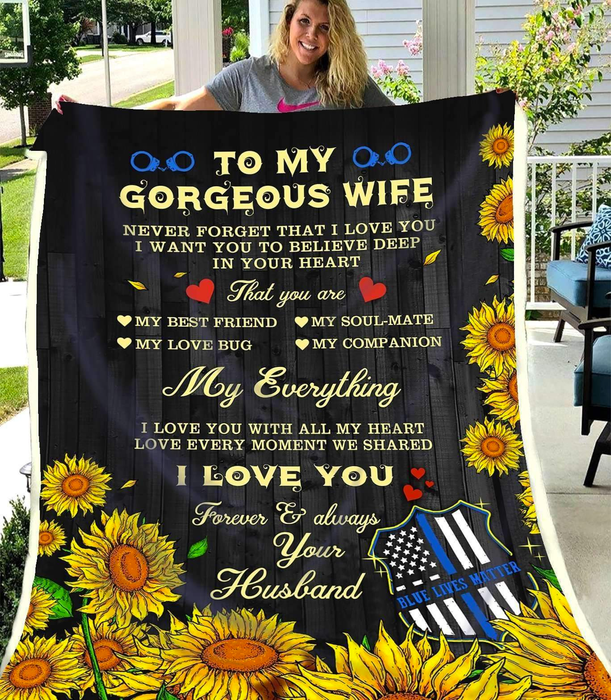 Personalized Blanket To My Gorgeous Wife From Husband Police Rustic Sunflower Printed Custom Name Valentine Blanket