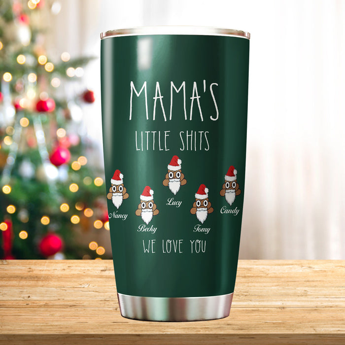 Personalized Tumbler To Grandma From Grandkids Mama's Little Shits Christmas Hat Custom Name Travel Cup Xmas Gifts
