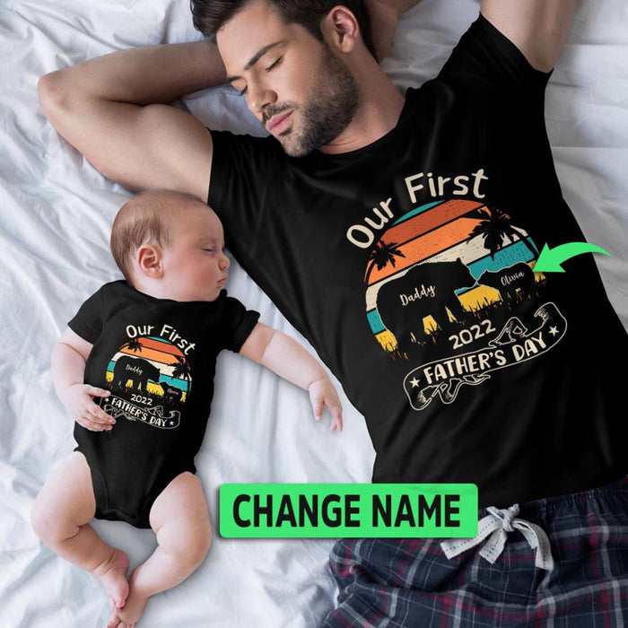 Personalized Matching T-Shirt & Baby Onesie Our First Father's Day Funny Colorful Bear Custom Name Daddy & Baby Set