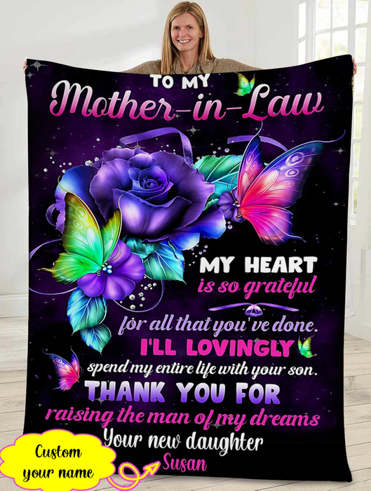 Personalized Blanket To My Mother In Law Color Butterfly & Flower Blanket For Mothers Day Custom Name