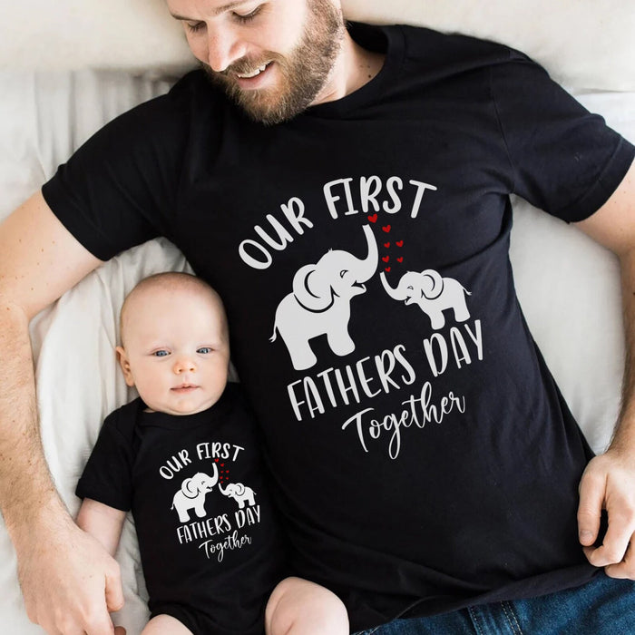 Classic Matching T-Shirt & Baby Onesie Our First Father's Day Cute & Funny Elephant Print Custom Name Daddy & Baby Set