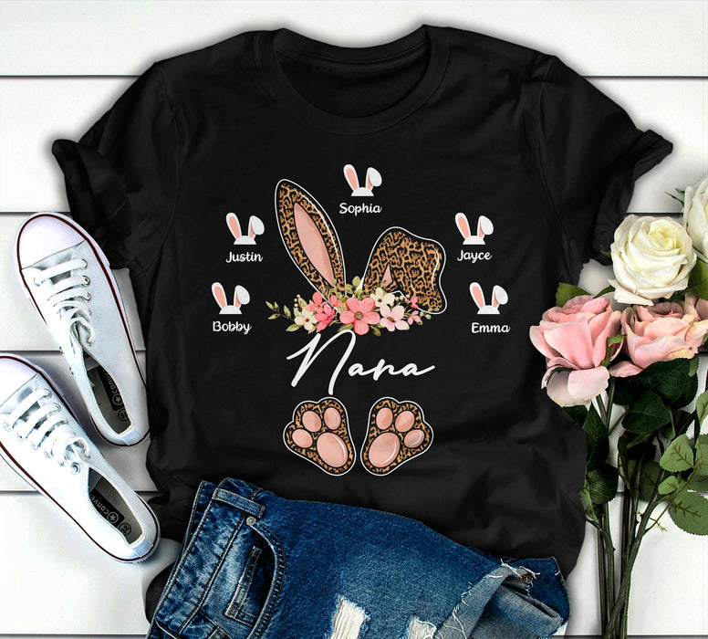 Personalized T-Shirt For Grandma Nana Bunny Floral Leopard Design Custom Grandkids Name Happy Easter Day Shirt