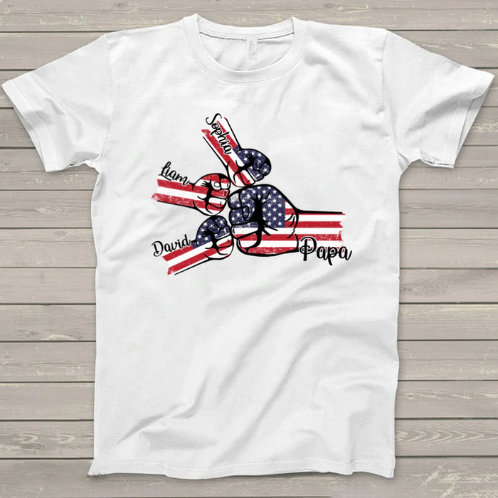 Personalized T-Shirt For Grandpa USA Flag Design Fist Bump Print Custom Grandkids Name Independence Day Shirt