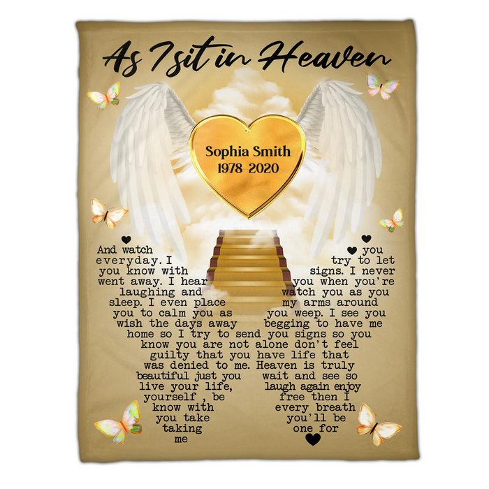 Personalized Memorial Blanket For Loss Of Loved Ones As I Sit In Heaven Angle Wings Custom Name Remembrance Gifts