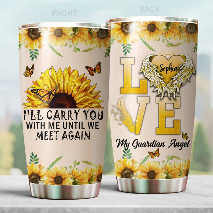 Personalized Memorial Tumbler For Loss Of Loved One Sunflowers Butterflies My Guardian Angel Custom Name Travel Cup 20oz