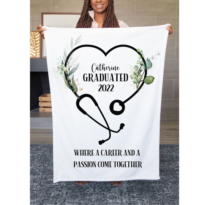 Personalized Graduation Blanket For Medical Worker Nurse Doctor Stethoscope & Green Botanical Printed Custom Name