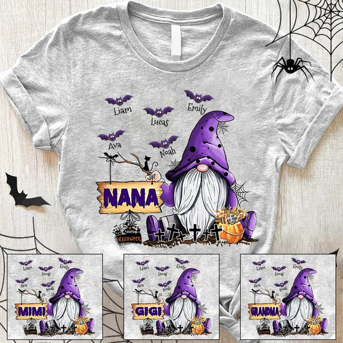 Personalized T-Shirt for Grandma Nana Happy Halloween Shirt Cute Gnome With Bat & Pumpkin Printed Custom Grandkids Name