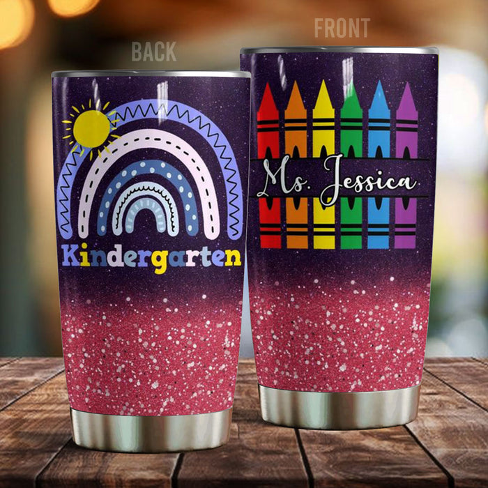 Personalized Tumbler Gifts For Teacher Kindergarten Boho Rainbow Crayon 20oz Travel Cup Custom Name For Back To School