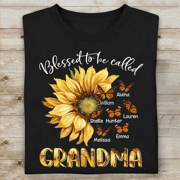 Personalized T-Shirt For Grandma Blessed To Be Called Grandma Sunflower & Butterfly Printed Custom Grandkids Name