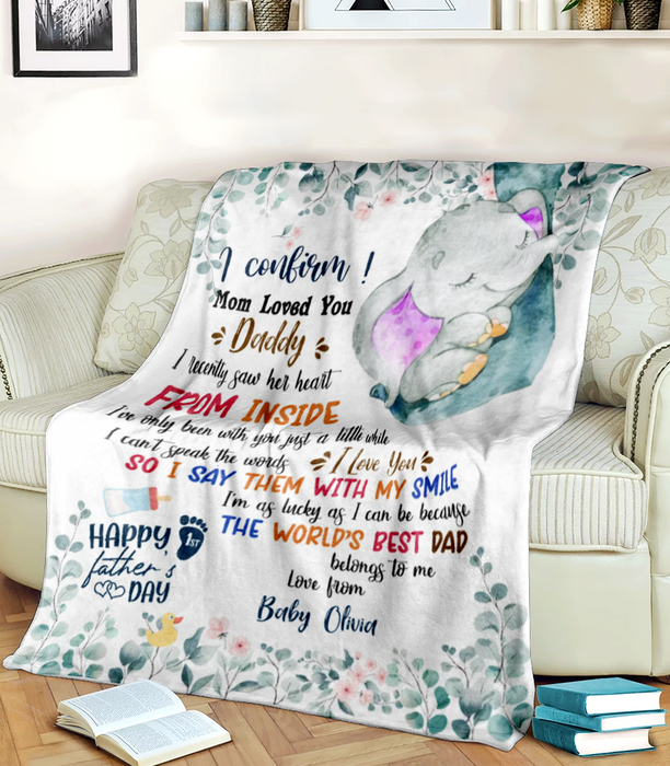 Personalized Blanket To My Dad From Baby Bump Happy First Father's Day Cute Baby Elephant & Flower Custom Name