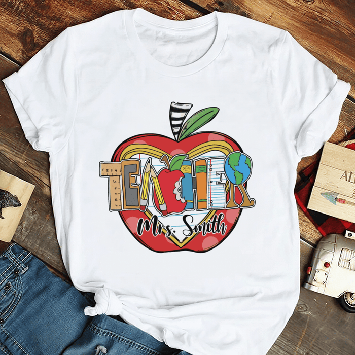 Personalized T-Shirt For Teacher Red Apple School Supplies Custom Name Shirt Gifts For Back To School