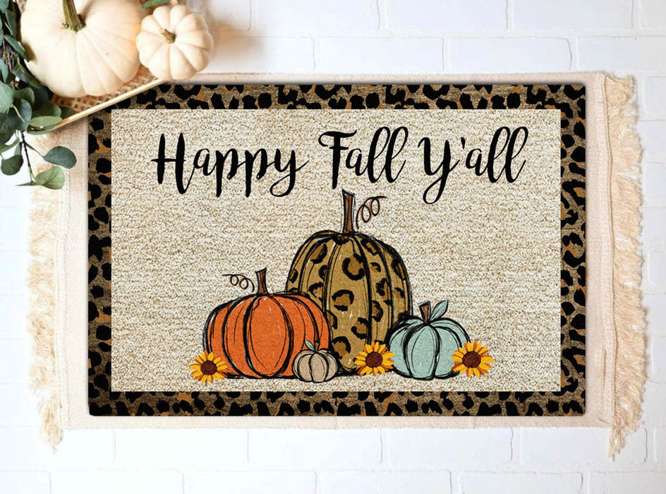 Welcome Doormat For Fall Lovers Happy Fall Y'all Cute Pumpkin & Sunflower Printed Leopard Design