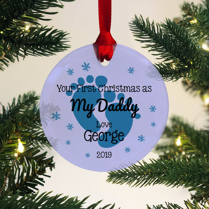 Personalized Ornament For Future Dad Cute Blue Footprint Snowflakes Custom Name Hanging Tree Gifts For First Christmas