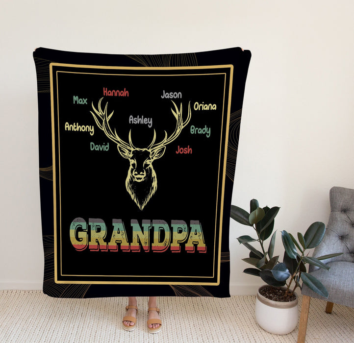 Personalized Blanket Gifts For Grandfather From Grandchildren Hunting Deer Family Lover Retro Custom Name For Christmas