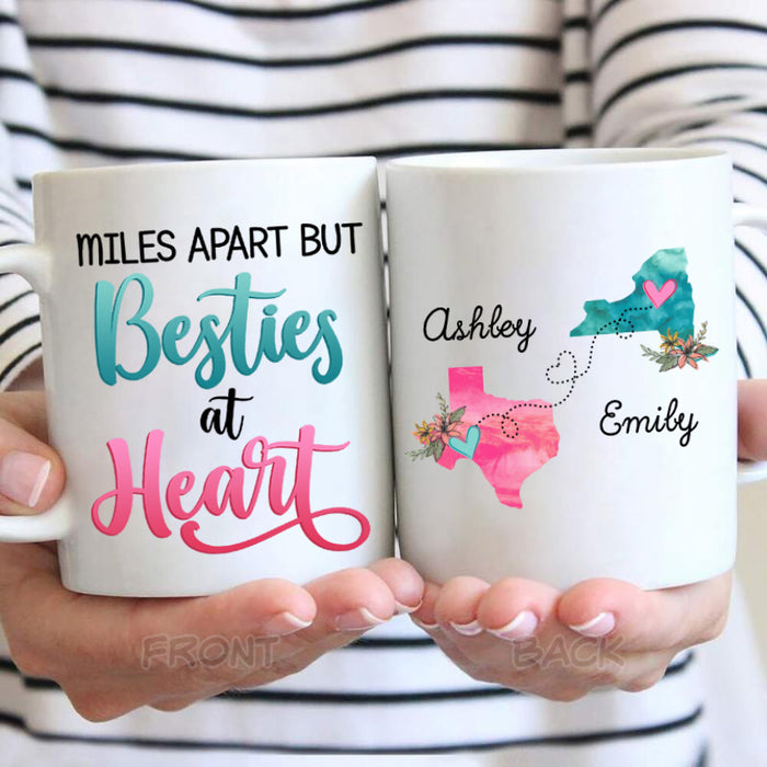 Personalized Coffee Mug For Sisters Miles Apart But Besties At Heart Maps Custom Name White Cup State To State Map Gifts