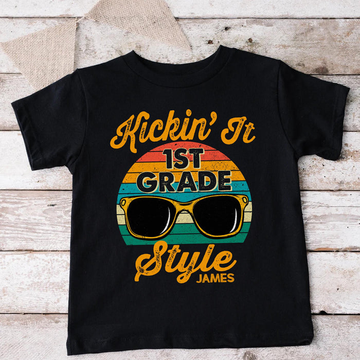 Personalized T-Shirt For Kid Kickin' It Vintage Colorful Stripes With Glasses Custom Name Back To School Outfit