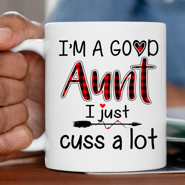 Personalized Coffee Mug For Auntie From Niece Nephew Red Plaid I'm Just Cuss A Lot Arrow Custom Name Gifts For Birthday