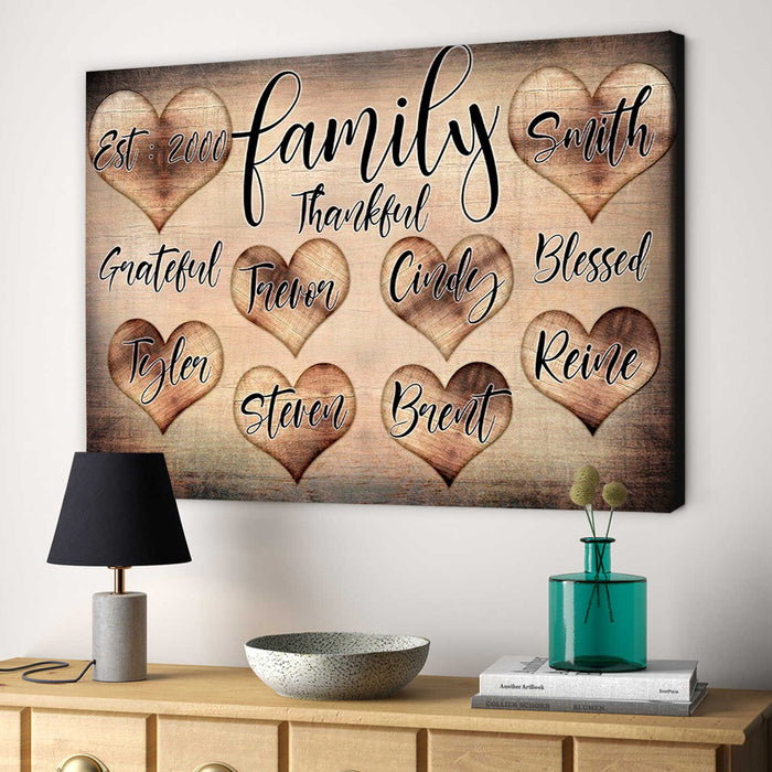 Personalized Wall Art Canvas For Family Thankful Blessed Est Year Vintage Hearts Poster Custom Family Member Name & Year