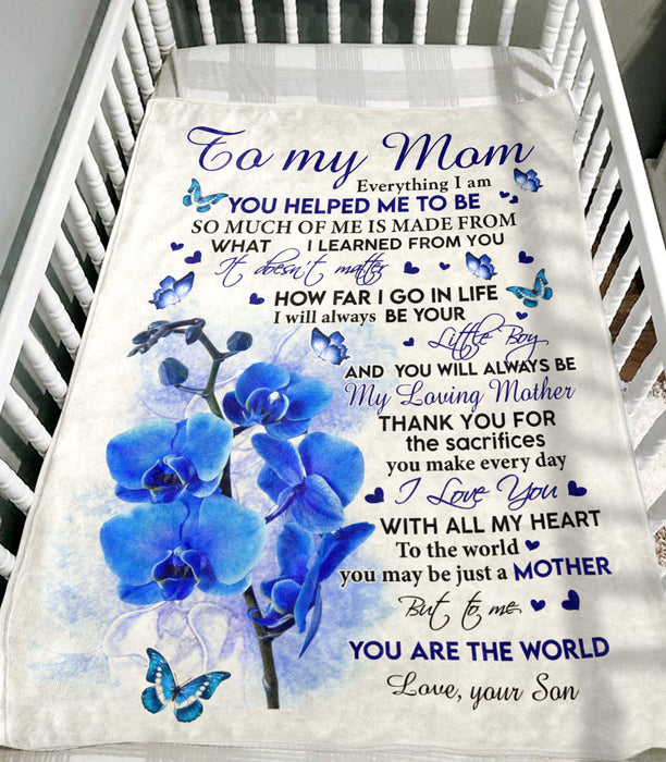 Personalized Blanket To My Mom From Son My Loving Mother Blue Orchid Flower And Butterfly Print Custom Name