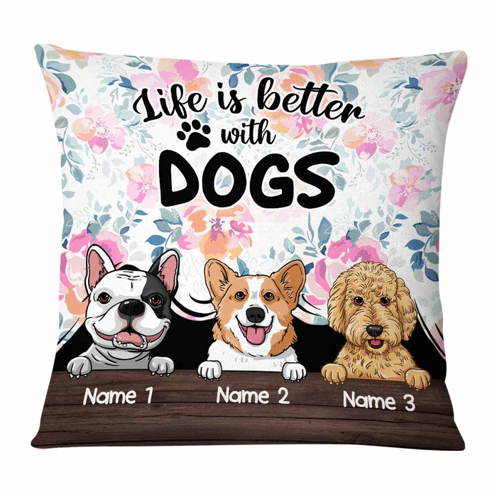 Personalized Square Pillow Gifts For Dog Lover  Life Is With Dogs Flower Custom Name Sofa Cushion For Birthday