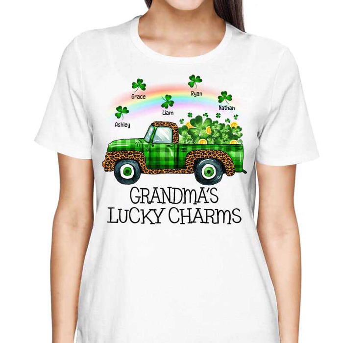 Personalized T-Shirt Grandma'S Lucky Charms Green Truck With Shamrocks & Lucky Coins Printed Custom Grandkids Name