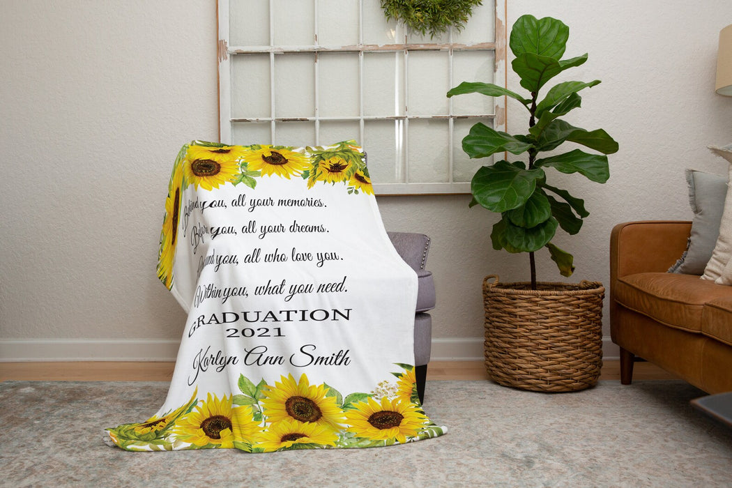 Personalized Graduation Blanket For Her Behind You All Your Memories Sunflower Printed Custom Name Graduation 2022