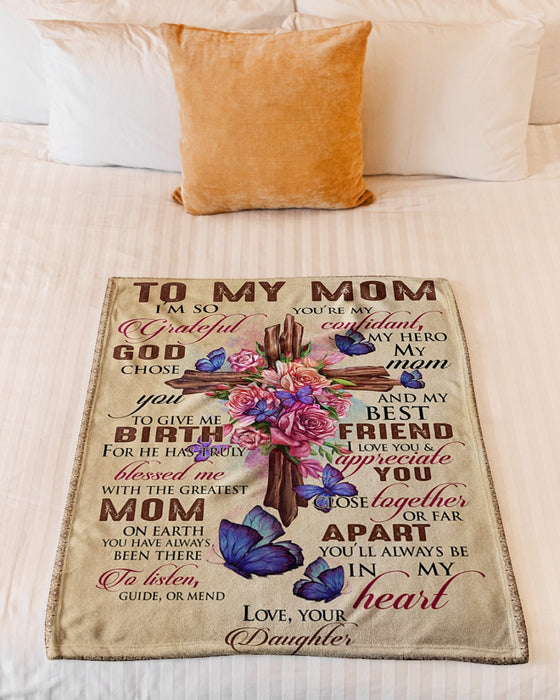 Personalized Blanket To My Mom From Daughter Beautiful Flower Butterfly & Christ Cross Rustic Style Custom Name