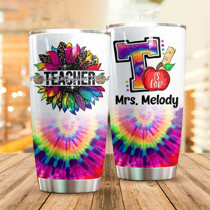 Personalized Travel Cup For Teacher Tie Dye Pattern Leopard Sunflower Apple 20oz Tumbler Custom Name Back To School Gift