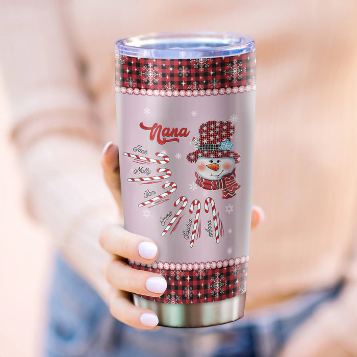 Personalized Tumbler Gifts For Grandma Nana Snowman Candy Cane Red Plaid Custom Grandkids Name Travel Cup For Christmas