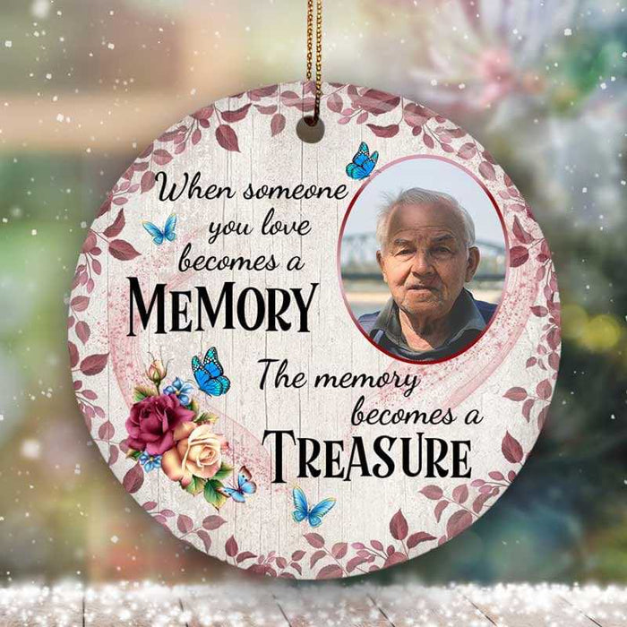 Personalized Memorial Ornament For Loved One In Heaven Pink Leaves Floral Butterflies
 Custom Photo Funeral Gifts