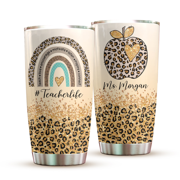 Personalized Tumbler For Teacher Leopard Rainbow Apple Teach Love Inspire Custom Name Travel Cup Gift For Back To School