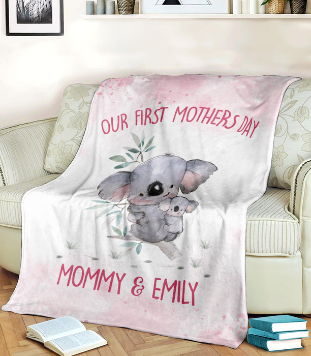 Personalized Premium Pink Blanket For New Mom Our First Mother'S Day Mommy & Daughter Cute Koala Bear Custom Name