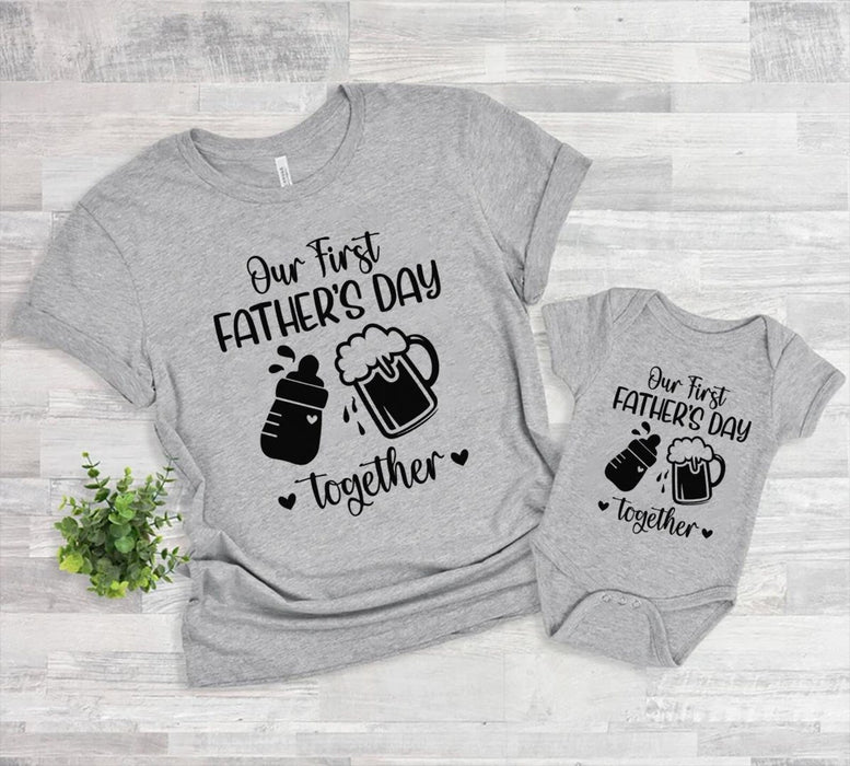 Classic Matching T-Shirt & Baby Onesie Our First Father's Day Cute Funny Beer & Milk Custom Name Daddy & Baby Set