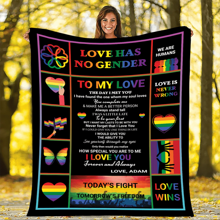 Personalized Valentines Day Blanket For LGBT Couple Love Has No Gender Rainbow Color Heart Printed Custom Name