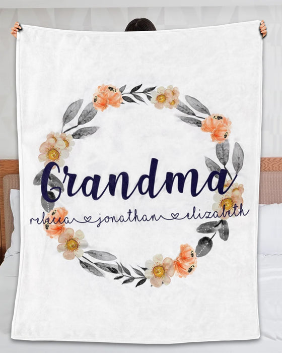 Personalized Blanket For Grandma Colorful Flower Wreath Printed Custom Grandkids Name Mothers Day Blanket