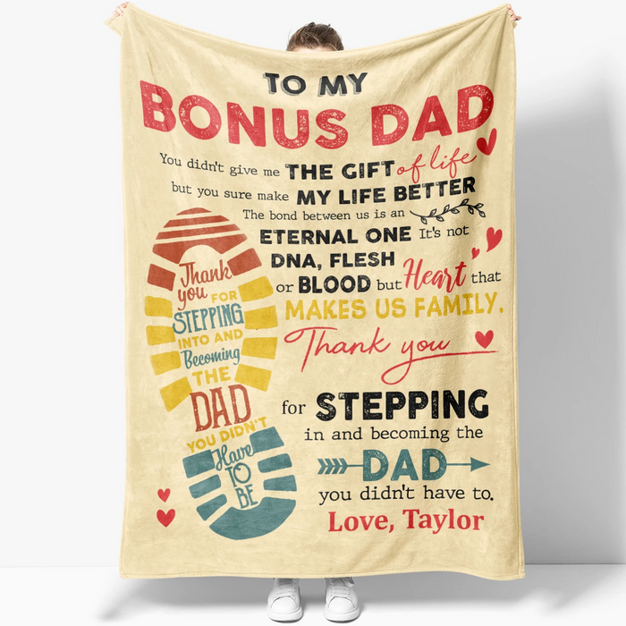 Personalized Fleece Blanket For Bonus Dad Thank You For Stepping In And Becoming The Dad Foot Print Printed Custom Name
