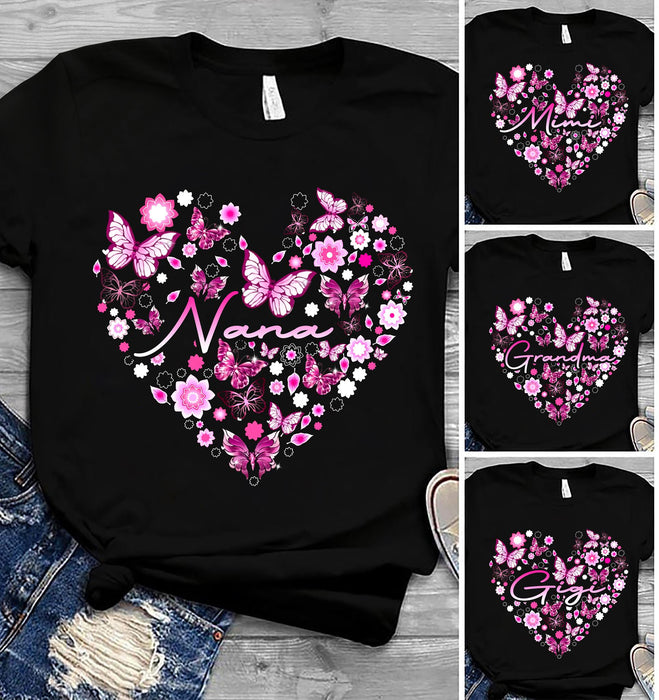 Personalized T-Shirt For Grandma Pink Heart With Flower & Sunflower Printed Custom Grandma Nickname