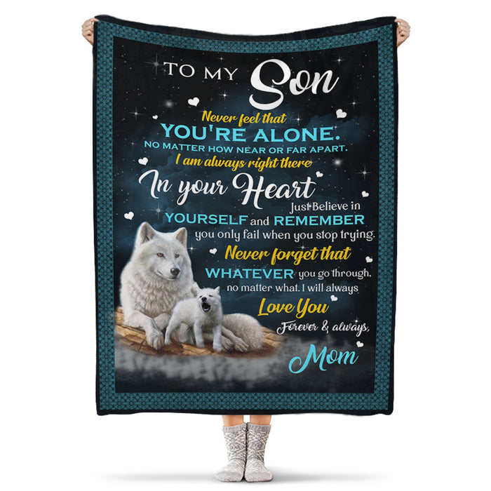 Personalized To My Son Blanket From Mom Never Feel That You Are Alone Old Wolf & Baby Wolf Printed Fleece Blanket