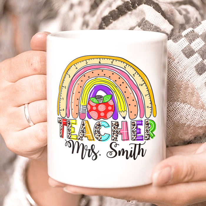 Personalized Back To School Mug Colorful Rainbow Pencil Print Custom Name & Grade Level 11 15oz Ceramic Coffee Cup