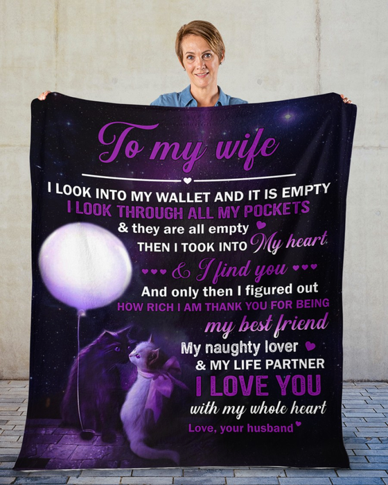 Personalized Romantic Blanket To My Wife Light Balloon & Cat Couple Printed Custom Name Valentine Blankets