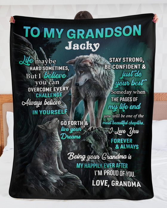 Personalized To My Grandson Blanket From Grandparents Life Maybe Hard Sometimes Boy Wolf Custom Name Gifts For Birthday