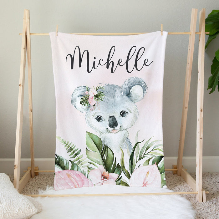 Personalized Baby Blanket Cute Koala And Tropical Flower Printed Custom Name Baby Reveal Blanket Newborn Blanket
