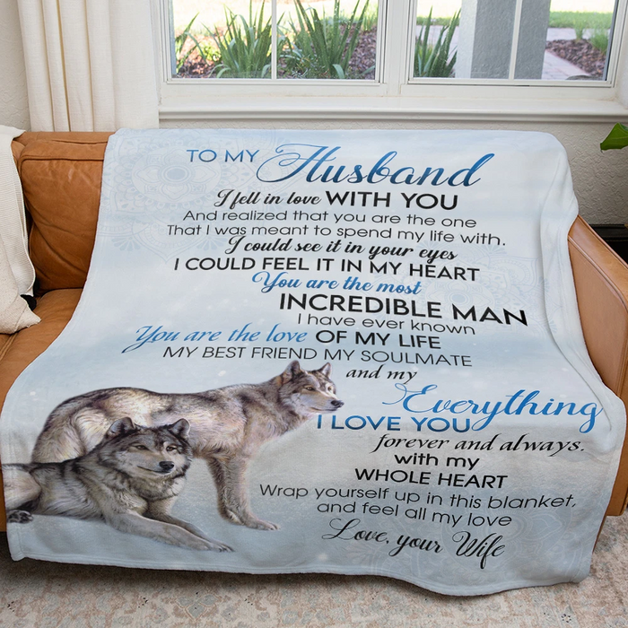 Personalized Blue Fleece Blanket To My Husband From Wife Romantic Wolf Couple Sherpa Blanket Customized Name