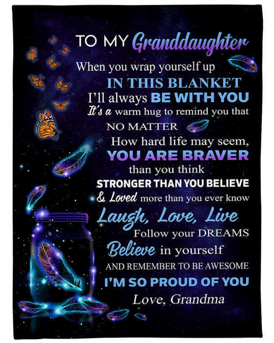 Personalized Premium Blanket To My Granddaughter Neon Feathers & Butterflies Prints Lovely Blankets Custom Name