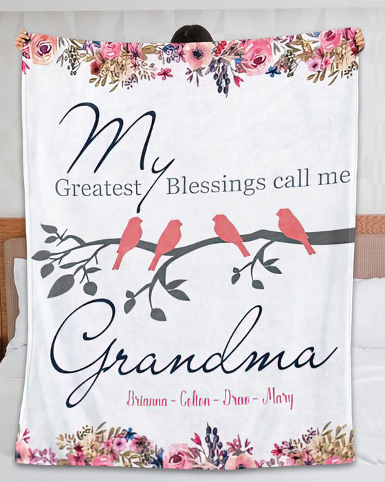 Personalized Grandma Blanket On Mothers Day Rustic Floral & Bird Blankets Custom Title & Grandkids Name