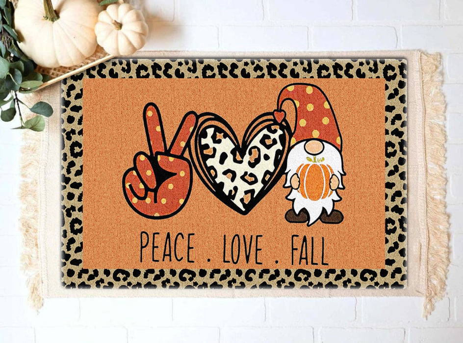 Welcome Doormat For Fall Lovers Peace Love Fall Polka Dot Hand Sign Leopard Heart Cute Gnome With Pumpkin Printed