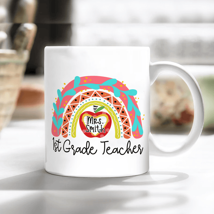 Personalized Coffee Mug For Teacher 1st Grade Teacher Rainbow Apple Custom Name Ceramic White Cup Back To School Gifts